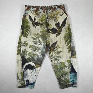 Market of Stars Pants Nature Print Linen Blend Swan Bird Forest Green Size Small
